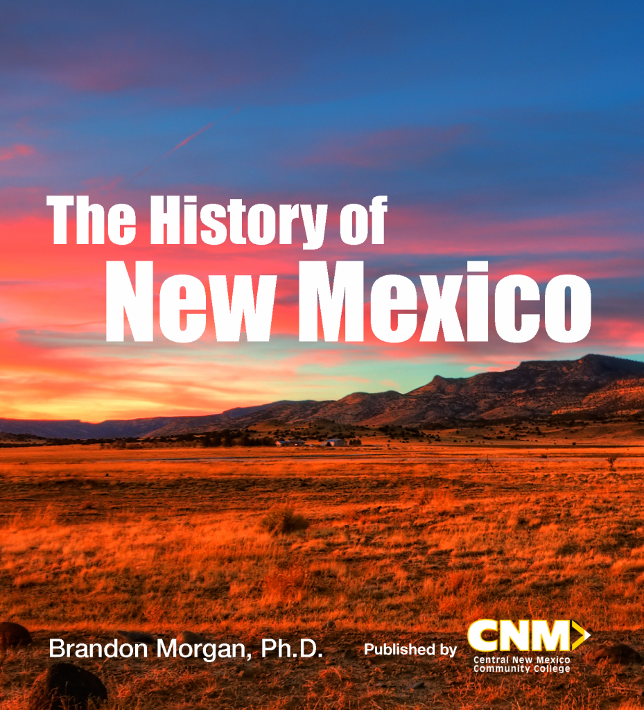 Book cover: The History of New Mexico by Brandon Morgan, PhD, with a background of plains with a mountain in the background, all basked in alpenglow from magnificent sunset. 